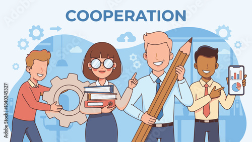 Cooperation and teamwork in business with diverse professionals and tools illustration