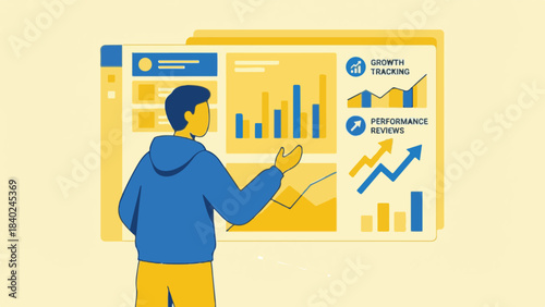 Business professional analyzing growth tracking and performance review data dashboard