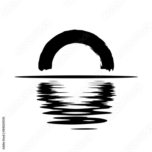 A minimalist black brush stroke arch reflecting on rippling water.