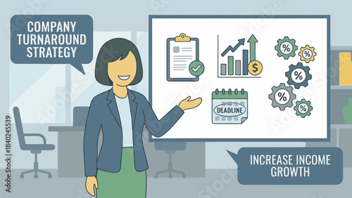Businesswoman presents company turnaround strategy for income growth