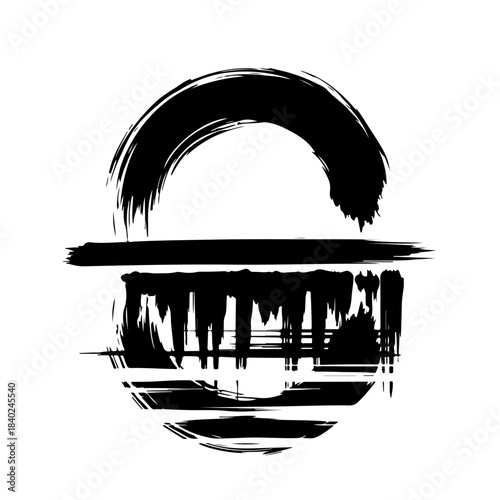 A black ink brush stroke circle with a horizontal line and glitch effect, resembling a stylized symbol or logo.