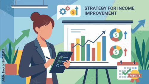 Businesswoman plans income improvement strategy with charts and results