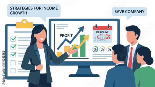 Business team discusses strategies for income growth and company saving