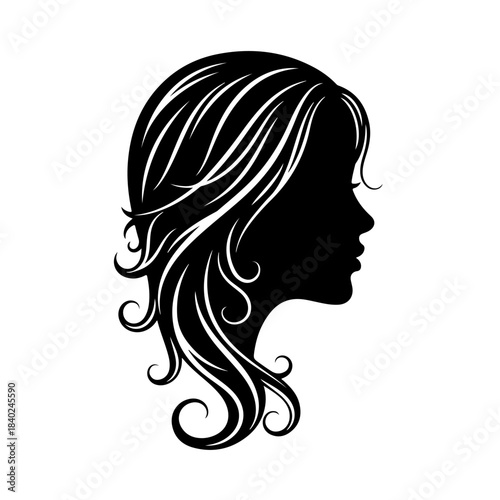 Silhouette profile of a woman with flowing, curly hair against a white background.