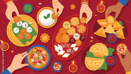 Overhead view of hands sharing traditional Indian festival food and sweets