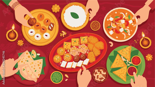 Vibrant Indian festive feast with traditional dishes and sweets, top view