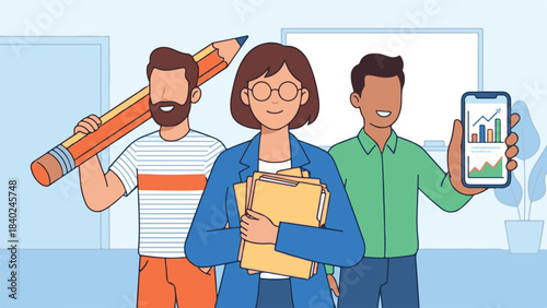 Business team collaborating on projects, featuring creativity, documentation, and data