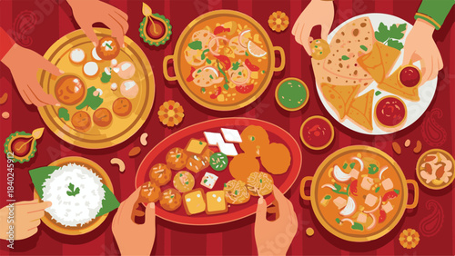 Top view illustration of hands sharing traditional Indian festive food and sweets