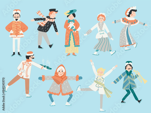 A cartoon set of nine silhouettes of characters in retro clothing in various poses. People skating. Winter vector illustration. Ice rink sticker collection.