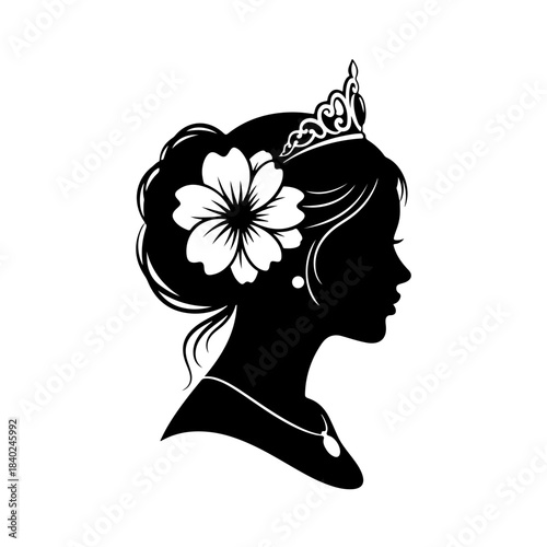 Silhouette of a beautiful princess with a tiara and a flower in her hair, wearing a necklace.