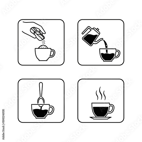 “Coffee Preparation Steps Icon Set – Pour, Stir, Serve Hot Beverage Vector”