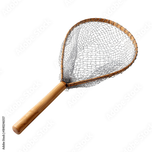 Traditional wooden handled fishing landing net for angling hobby isolated on transparent background