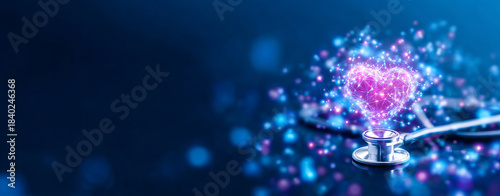 Stethoscope with glowing heart shape symbolizes integrated health services and care