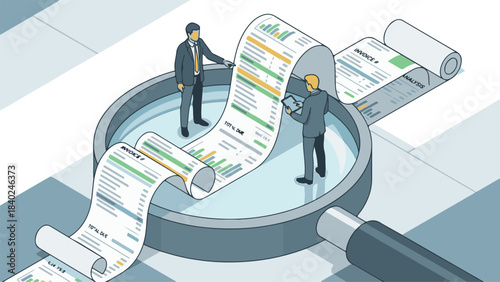 Businessmen analyzing financial reports and invoices with a magnifying glass