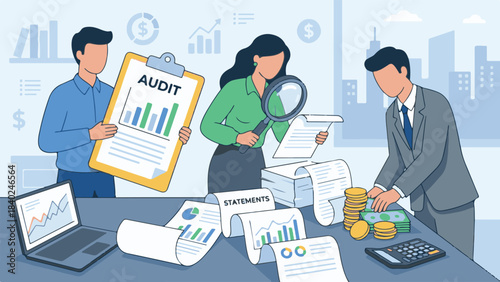 Financial Audit Team Analyzing Business Reports, Data, and Money