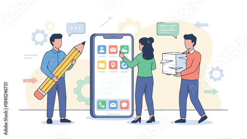 Digital transformation and mobile app development teamwork illustration