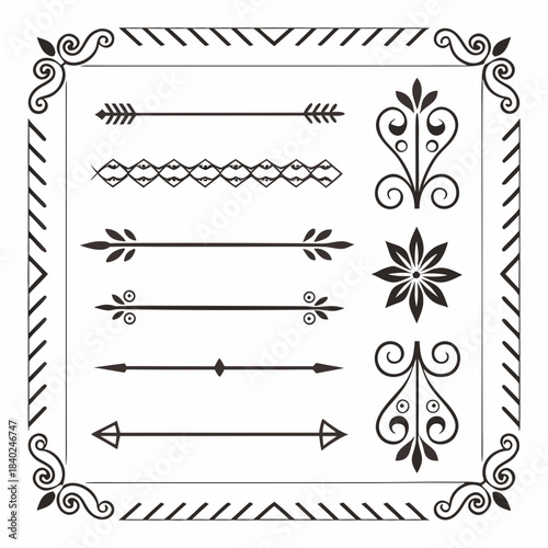 Cute Hand drawn big vintage flower ornament text dividers, arrows, flourishes and laurel vector design elements set for decoration