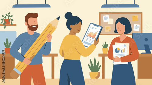 Diverse business team collaborating in office with tools for creativity and data analysis