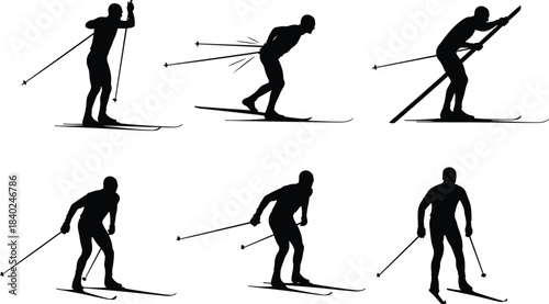 Cross-Country Skiers Silhouettes Set, Nordic Ski Sport Dynamic Poses Black Vector Icons, Winter Recreation, Athlete, Training, Fitness, Outdoor Graphic Collection