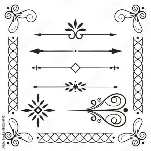 Cute Hand drawn big vintage flower ornament text dividers, arrows, flourishes and laurel vector design elements set for decoration