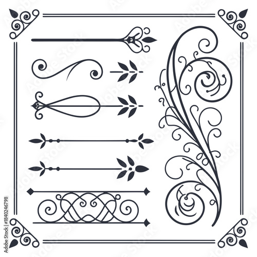 Cute Hand drawn big vintage flower ornament text dividers, arrows, flourishes and laurel vector design elements set for decoration
