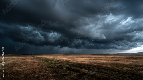 Dramatic Storm Clouds Swirling Over Expansive Golden Field Horizon