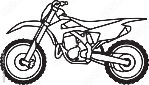 Black and white line art of a dirt bike motorcycle in profile view motocross off road