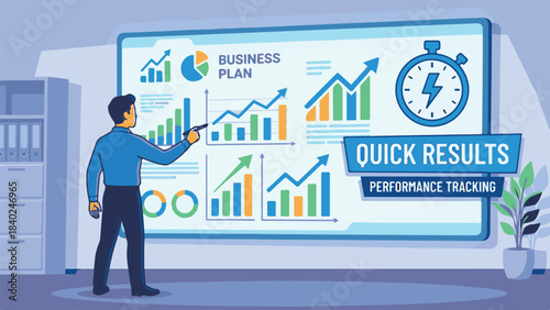 Businessman presenting business plan with performance tracking and data analysis charts