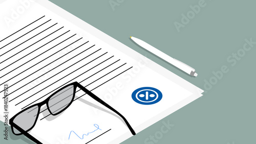 Isometric bank document reviewed and signed by a financial expert. Cartoon 3D vector concept isolated on white background