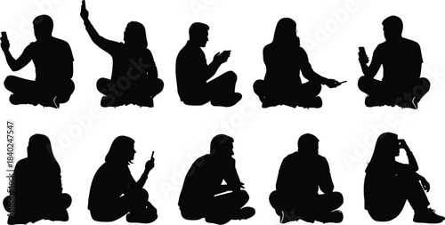 Diverse Group of People Silhouettes Sitting and Using Smartphones, Men and Women Interacting with Mobile Devices, Social Media Addiction, Technology and Digital Lifestyle Icon Graphic Se