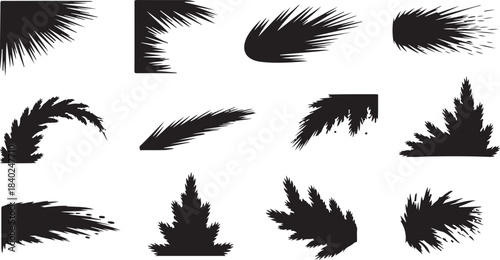 Assortment of Black Silhouetted Abstract Spiky and Feather-like Shapes and Corner Elements Keywords: silhouette, abstract, spiky, feather, shapes, corner, elements, assortment, collection, set