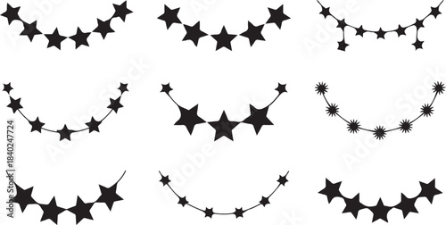 Assortment of Black Star Garlands and Decorative Arcs on White Background curve decoration