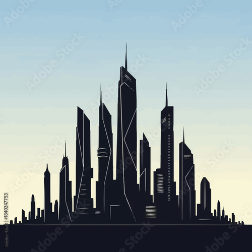 Silhouette of a modern city skyline with towering skyscrapers.