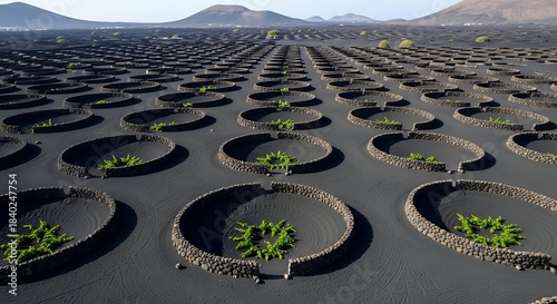 Unique Volcanic Vineyard Landscape in Lanzarote, Canary Islands.