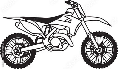 Black and white outline drawing of a dirt bike motorcycle motorbike motocross