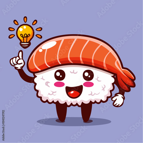 Cute cartoon salmon sushi character with a bright idea lightbulb above its head, illustrating inspiration and a successful concept in a fun, whimsical style