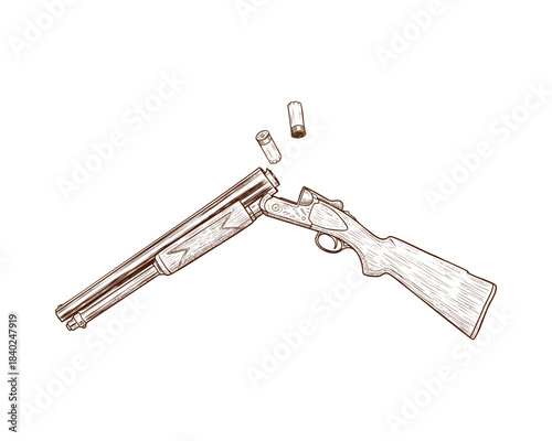 Double-barrel shotgun ejecting shells line art illustration