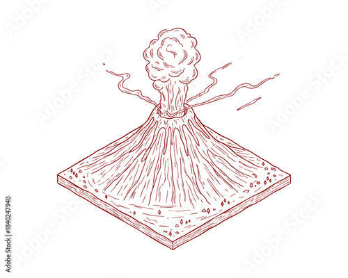 Isometric volcano landscape line art illustration