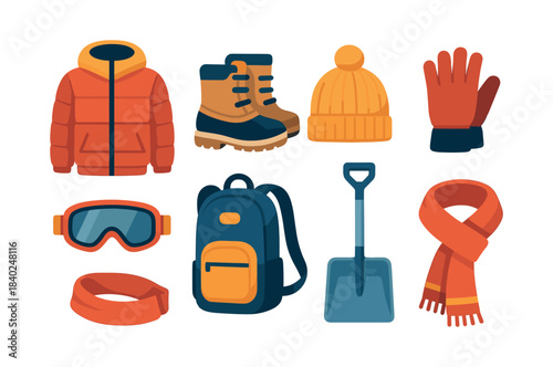 Winter clothing set, flat vector illustration, warm accessories, boots, gloves