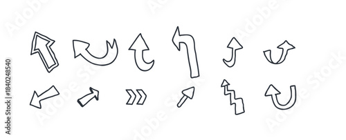 Set of arrow shapes isolated on white. Hand drawn doodle elements, dynamic, organic strokes and creative doodles. Strike through and squiggles lines, vector illustrations.