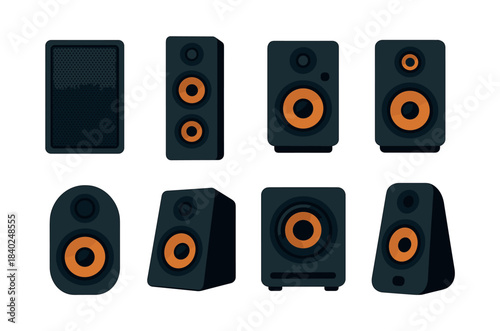 Audio speaker collection, sound system, music equipment, flat vector illustration