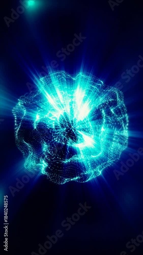 A sphere of shining, blue particles pulsates against a dark background.