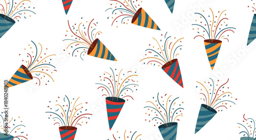 A vibrant, seamless pattern featuring an array of colorful party poppers exploding with confetti, perfect for festive backgrounds and celebratory designs.