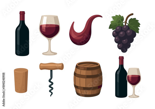Wine tasting set, flat vector illustration, grape, corkscrew, wine glass