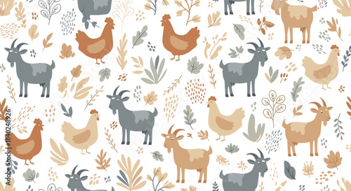 Seamless pattern with stylized farm animals, including goats and chickens, surrounded by various botanical elements and leaves in earthy tones.