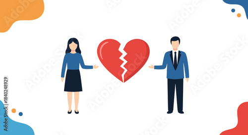 A man and woman stand apart, separated by a broken heart, representing divorce, relationship problems, or heartbreak.
