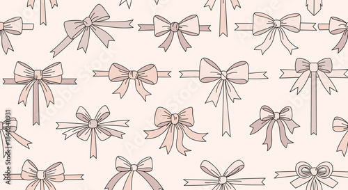 Elegant seamless pattern featuring an assortment of hand-drawn bows and ribbons in soft pastel shades on a light background, perfect for decorative designs.
