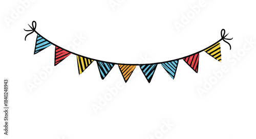 A cheerful, hand-drawn illustration of a curved bunting banner featuring striped triangular pennants in vibrant colors, ideal for party decor.