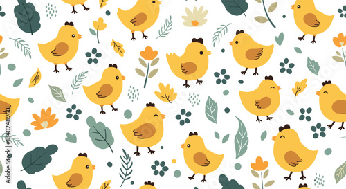 Playful seamless pattern featuring cute cartoon yellow chicks, delicate green leaves, and charming orange flowers on a white backdrop.