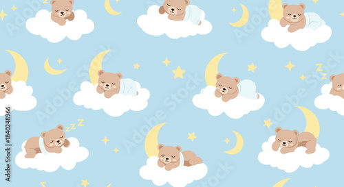 Seamless pattern of adorable baby bears sleeping peacefully on fluffy white clouds, surrounded by yellow crescent moons and twinkling stars on a soft blue background.